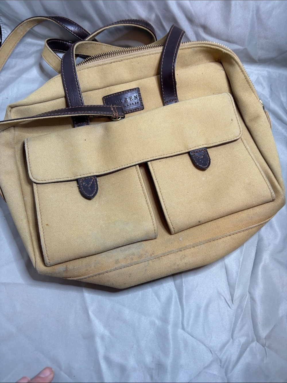 Lauren Ralph Lauren Beige Canvas Laptop Tote with Brown Trim